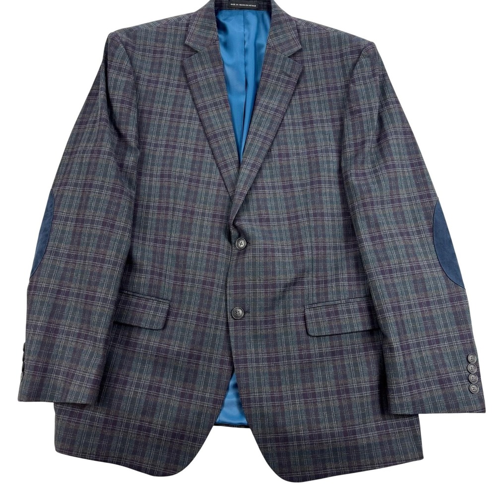Perry Ellis‎ Portfolio Blazer Mens 44R Gray Plaid Cotton Elbow Patch Sport Coat